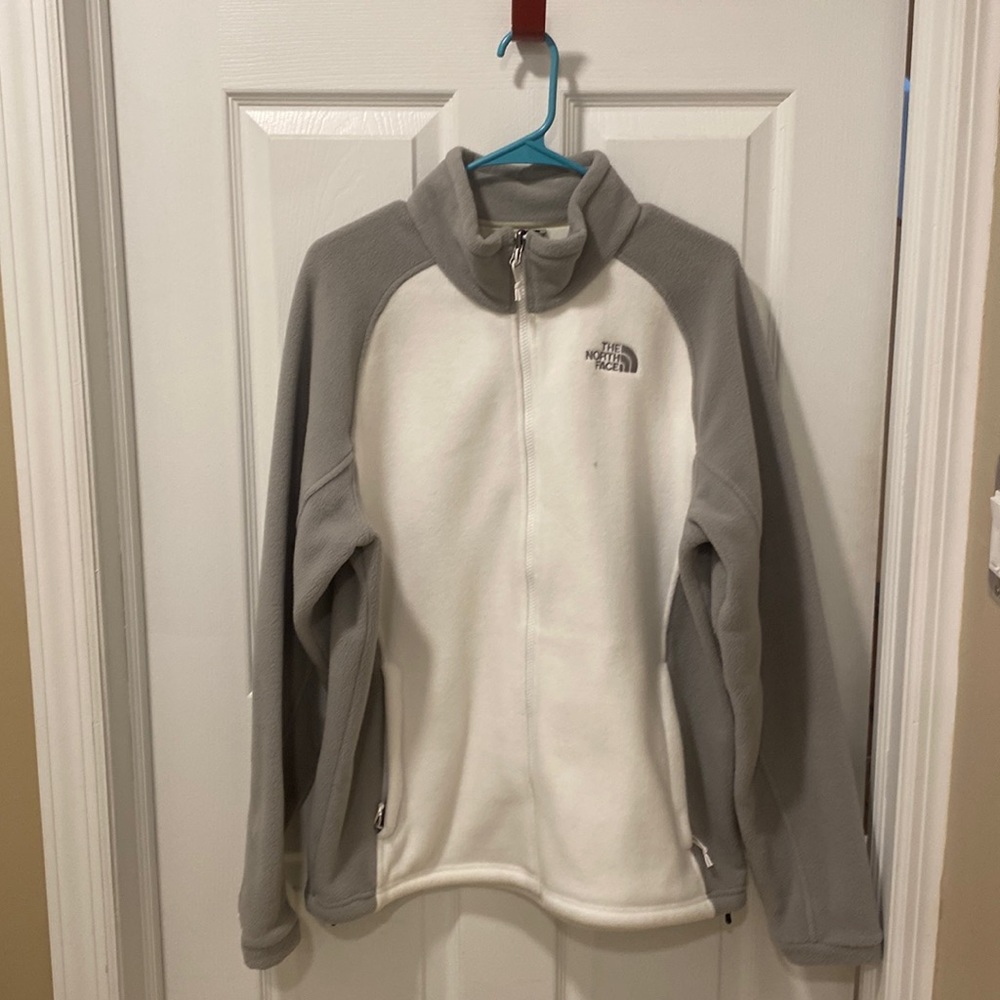 Gray and White North Face Fleece